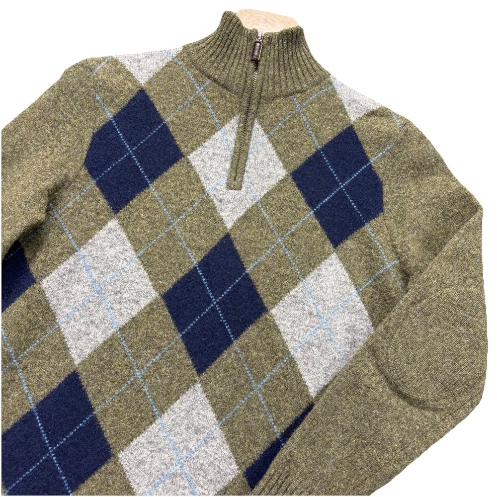 J. Crew Sweater Mens Medium Green Argyle Quarter Zip 100% Lambswool Preppy Knit